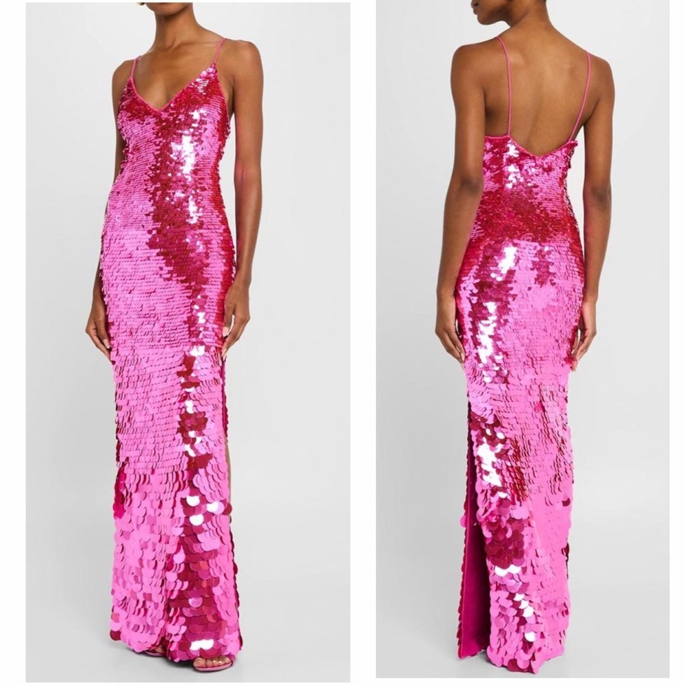 LOVESHACKFANCY Kaylen Sequined Palettes Embellished Hot Pink Maxi Gown Dress NEW